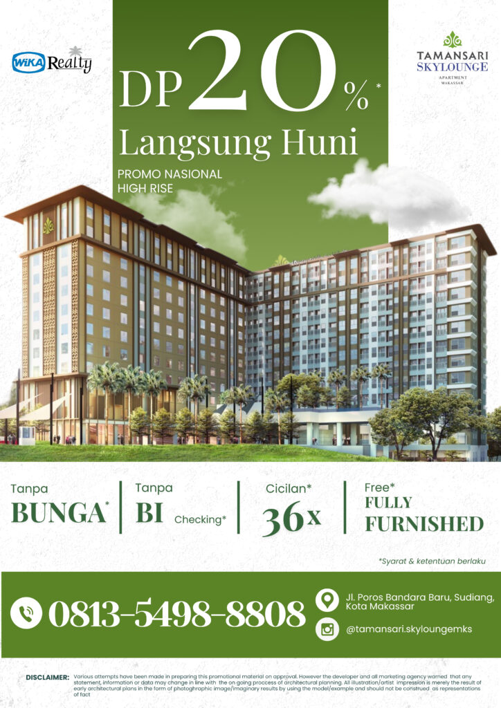 Flyer promo Apartemen Tamansari Skylounge Makassar dengan penawaran DP 20%, langsung huni, tanpa bunga dan BI checking, cicilan hingga 36 kali, fully furnished, berlokasi dekat Bandara Sultan Hasanuddin.
